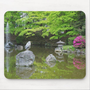 Japan, Kyoto. Heron in fresh green leaves Mouse Mat