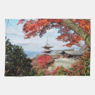 Japan, Kyoto. Kiyomizu temple in Autumn colour Tea Towel