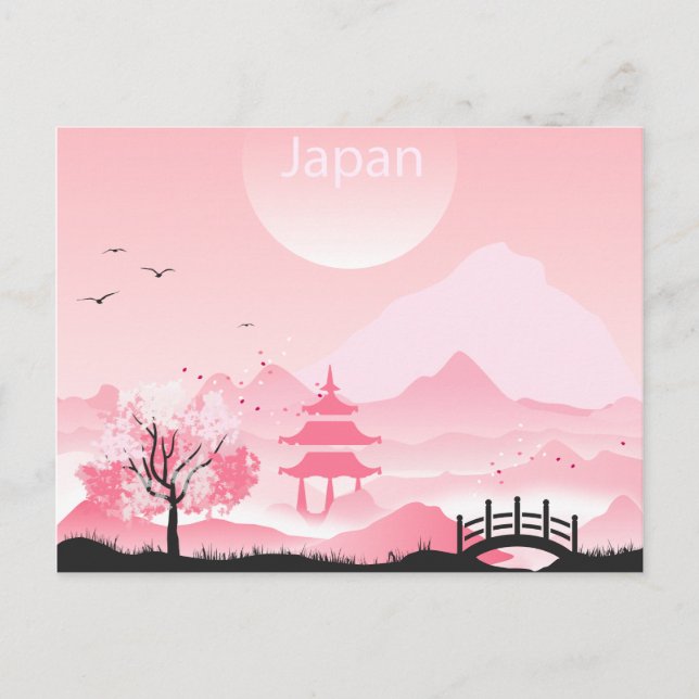 Japan landscape illustration in pink tones postcard (Front)