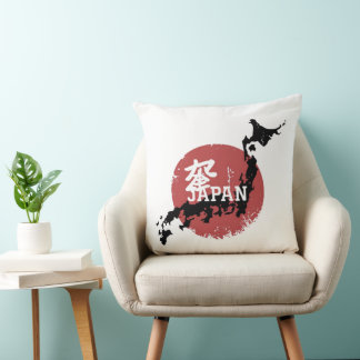 Japan Map Throw Pillow – Red Sun & Kanji Cushion