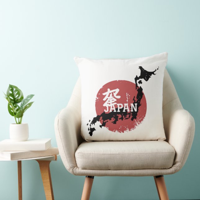 Japan Map Throw Pillow – Red Sun & Kanji Cushion (Chair)