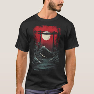 Japan Mountain Fuji Art Red Moon Scenic Graphic Te T-Shirt