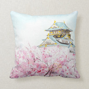 Japan Osaka castle and sakura throw pillow
