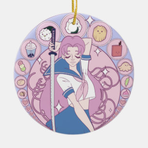 Japan Pink Anime Schoolgirl Art Nouveau Ceramic Tree Decoration