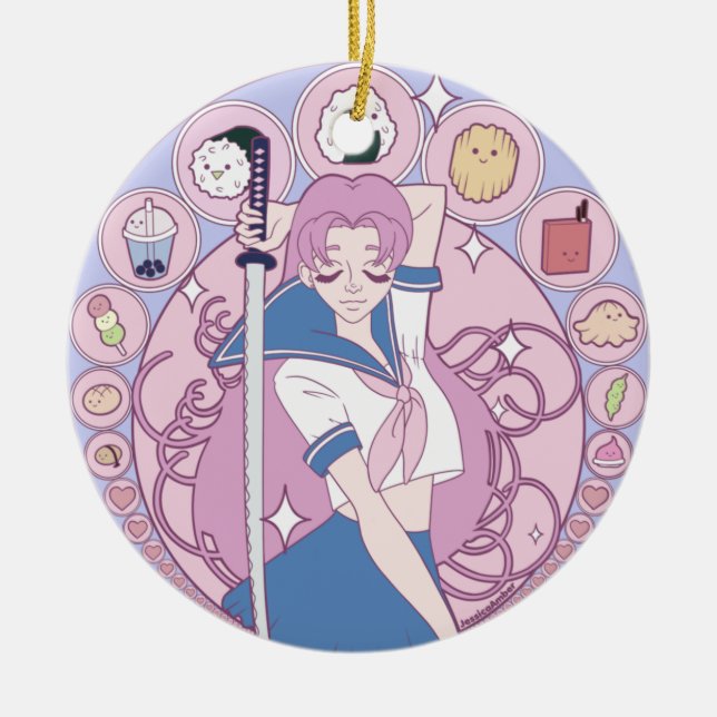 Japan Pink Anime Schoolgirl Art Nouveau Ceramic Tree Decoration (Front)