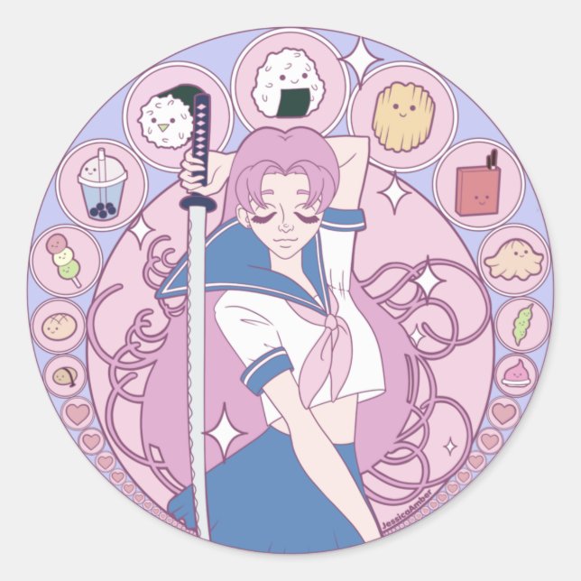 Japan Pink Anime Schoolgirl Art Nouveau Classic Round Sticker (Front)