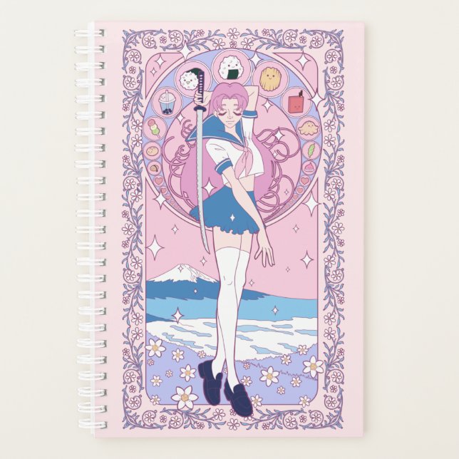 Japan Pink Anime Schoolgirl Art Nouveau English Planner (Front)