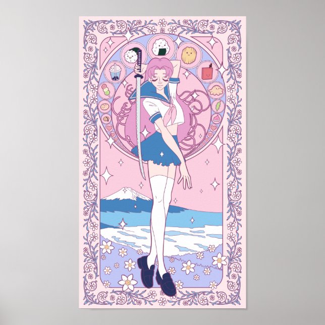 Japan Pink Anime Schoolgirl Art Nouveau Poster (Front)