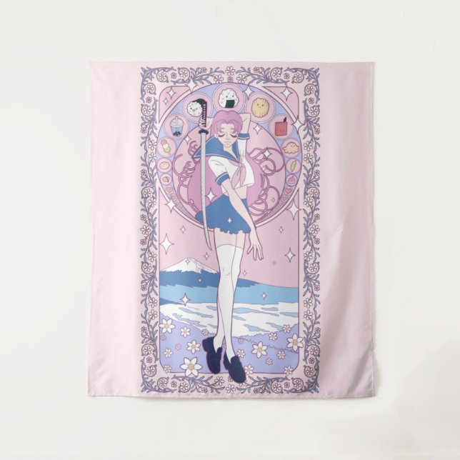 Japan Pink Anime Schoolgirl Art Nouveau Tapestry (Front)