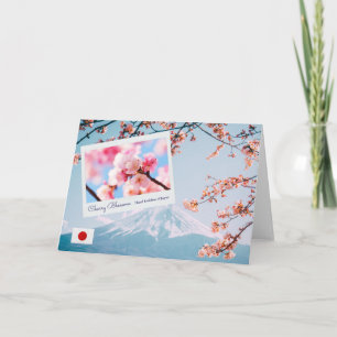 Japan Pink Cherry Blossom with Flag and Mount Fuji Card
