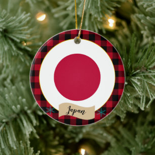 Japan, Red buffalo plaid & Japanese Flag Ceramic Tree Decoration