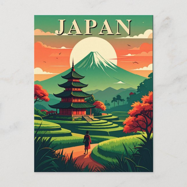 Japan Retro Travel Pagoda and Mount Fuji Postcard (Front)