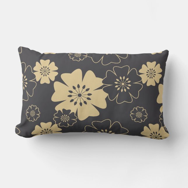 Japan. Reversible Yellow Floral Flowers. Lumbar Cushion (Front)