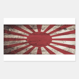 Japan Rising Sun Flag on Old Wood Grain Rectangular Sticker