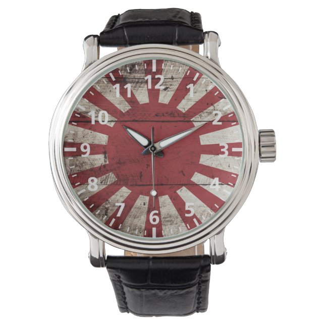 Japan Rising Sun Flag on Old Wood Grain Watch (Front)