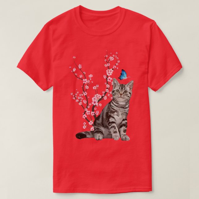 Japan Sakura Cherry Blossom Cat Japanese  T-Shirt (Design Front)