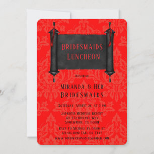 Japan Scroll Red Black Damask Bridesmaids Luncheon Invitation