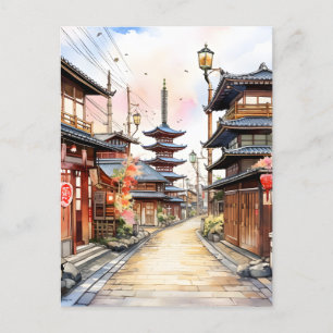 Japan street cosy spring watercolor postcard