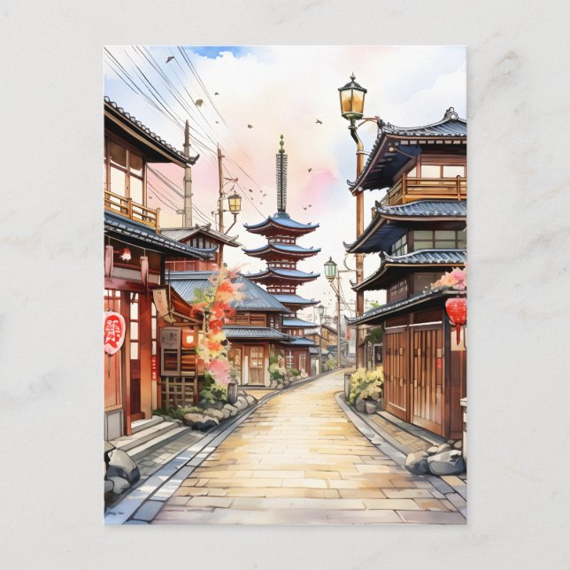 Japan street cosy spring watercolor postcard (Front)