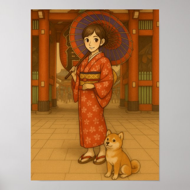 Japan Stroll – Kimono Girl and Shiba dog Art Poster (Front)
