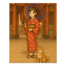 Japan Stroll – Kimono Girl and Shiba dog Art Print