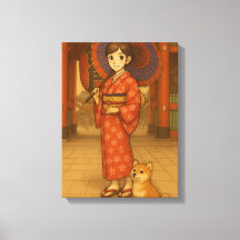 Japan Stroll – Kimono Girl and Shiba dog Art Print