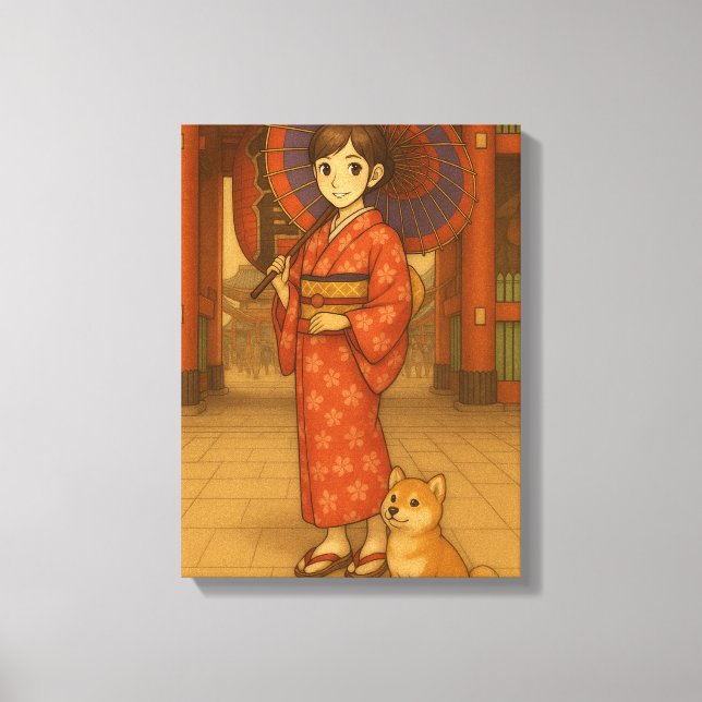 Japan Stroll – Kimono Girl and Shiba dog Art Print (Front)