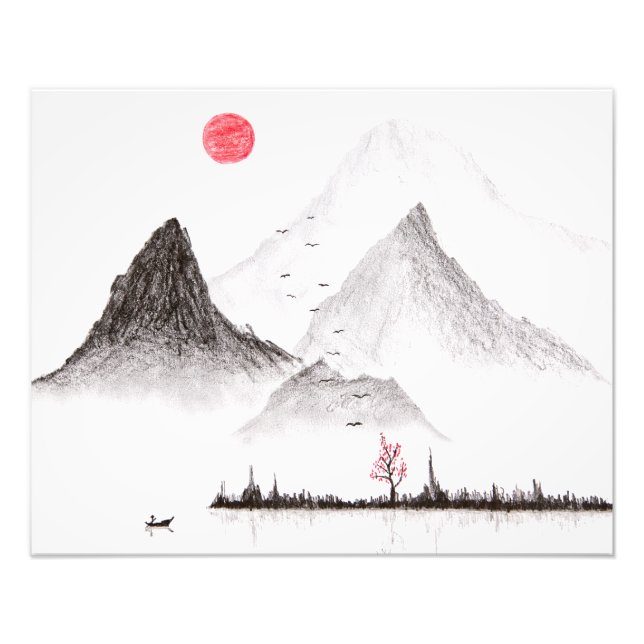 Japan traditional Sumi-e style drawing. Mountains Photo Print (Front)