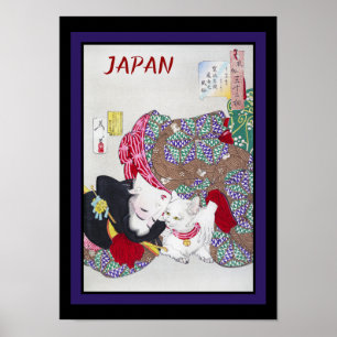 Japan Travel Vintage Fine Art Cat and Kimono Poster
