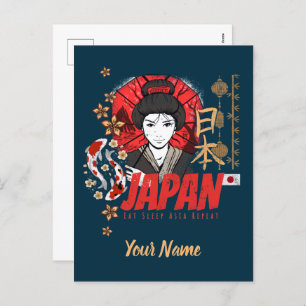 Japan Vintage Geisha with Flag Koi and Lotus Souve Holiday Postcard
