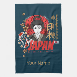 Japan Vintage Geisha with Flag Koi and Lotus Souve Tea Towel