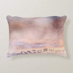 Japan winter nature. Wildlife scene, snowy nature. Decorative Cushion