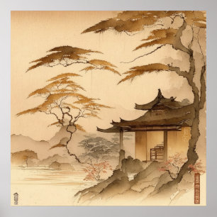 JAPANDI ART JAPAN VILLAGE SCENERY WARM BROWN ART POSTER