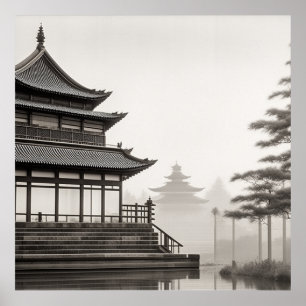 JAPANDI ART VINTAGE VILLAGE SCENERY BLACK WHITE POSTER