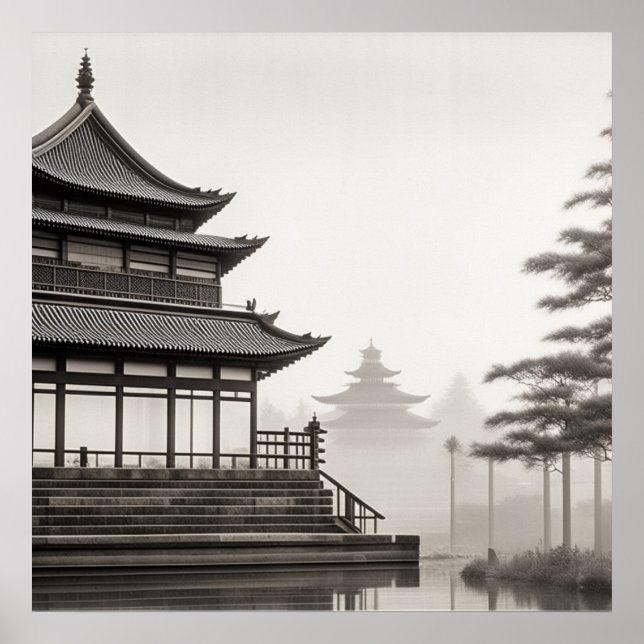 JAPANDI ART VINTAGE VILLAGE SCENERY BLACK WHITE POSTER (Front)