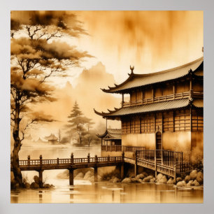 JAPANDI ART VINTAGE VILLAGE SCENERY WARM BROWN POSTER