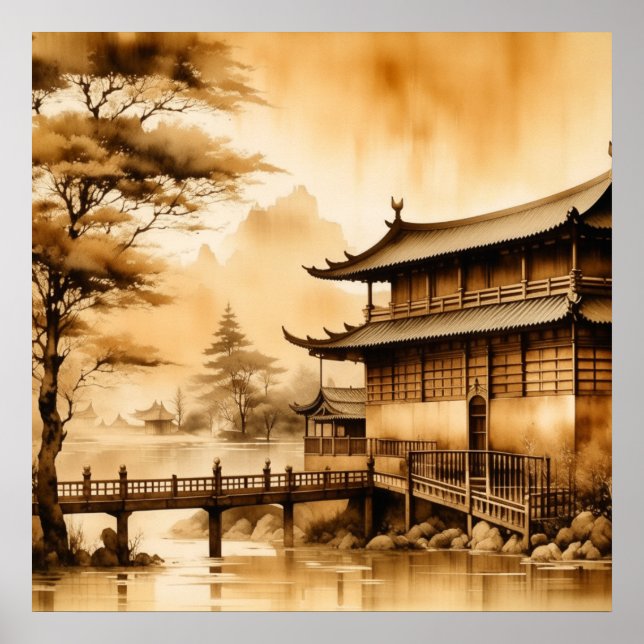 JAPANDI ART VINTAGE VILLAGE SCENERY WARM BROWN  POSTER (Front)