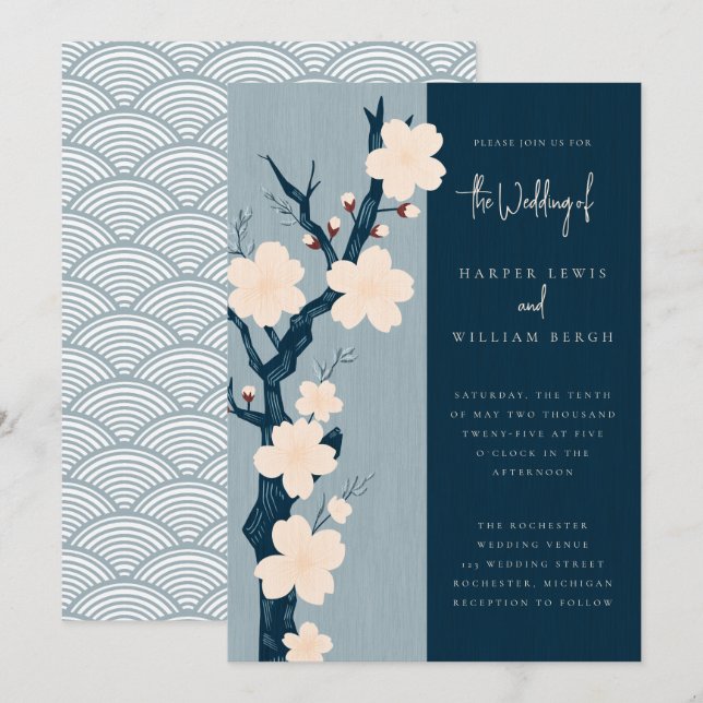 Japandi blue cherry blossom wedding invitation (Front/Back)