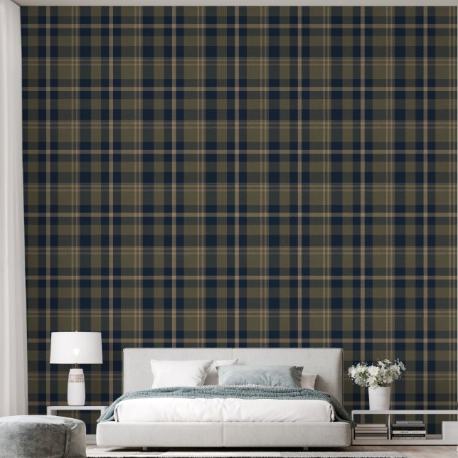 Japandi Farmhouse Plaid in Navy and Olive Wallpaper (Bedroom)