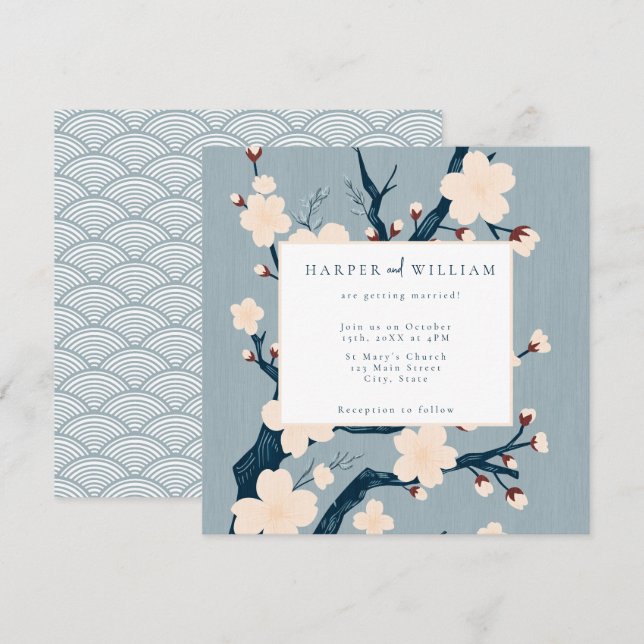 Japandi flowers blue and pink wedding invitation (Front/Back)