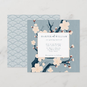 Japandi flowers blue and pink wedding invitation