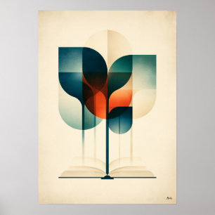 Japandi Geometric Reading Forest Book Lover Art Poster
