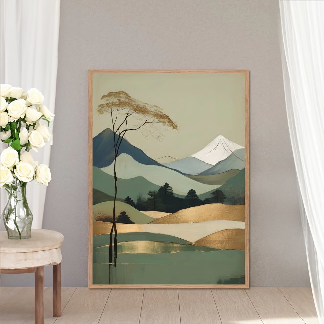 Japandi Gold & Green Mountain Landscape Poster (Creator Uploaded)
