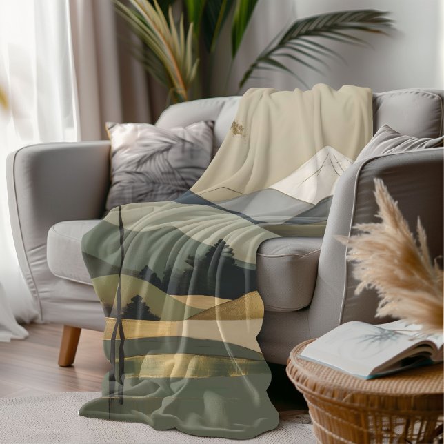 Japandi Gold & Green Mountain Landscape Sherpa Blanket (Creator Uploaded)