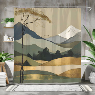 Japandi Gold & Green Mountain Landscape Shower Curtain