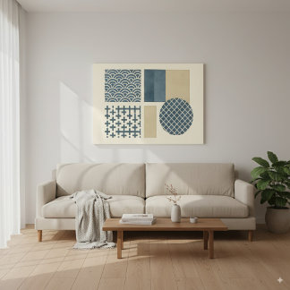 Japandi Indigo & Beige Japanese Patterns Art Canvas Print