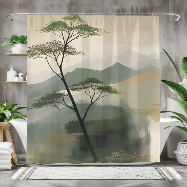 Japandi Mystic Peaks Wall Art Print Shower Curtain (Creator Uploaded)