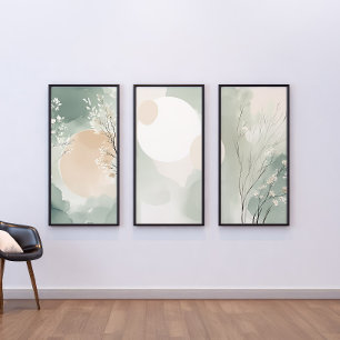Japandi Sage Green Floral Wall Art Set Print