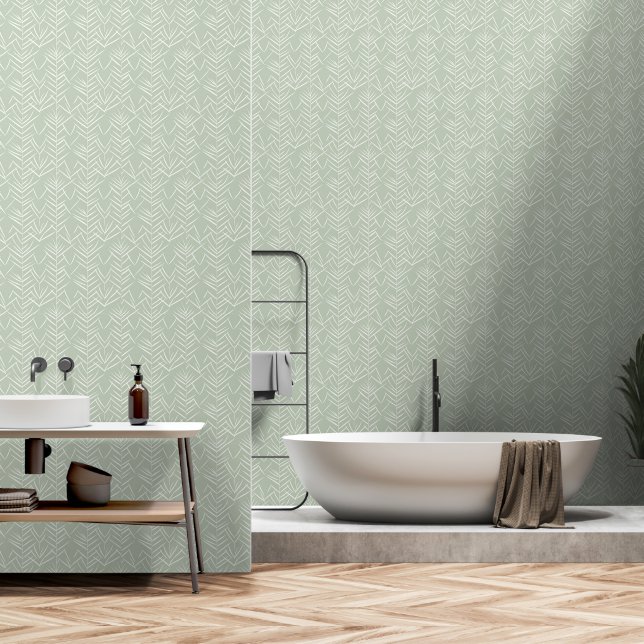 Japandi style light sage herbal elements wallpaper (Bathroom)