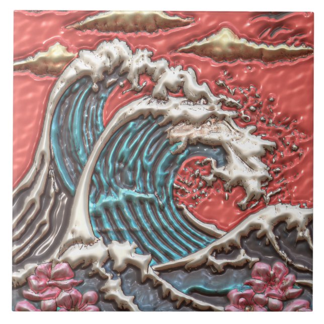 Japanee Style Large Wave Sakura Cherry Blossoms Tile (Front)